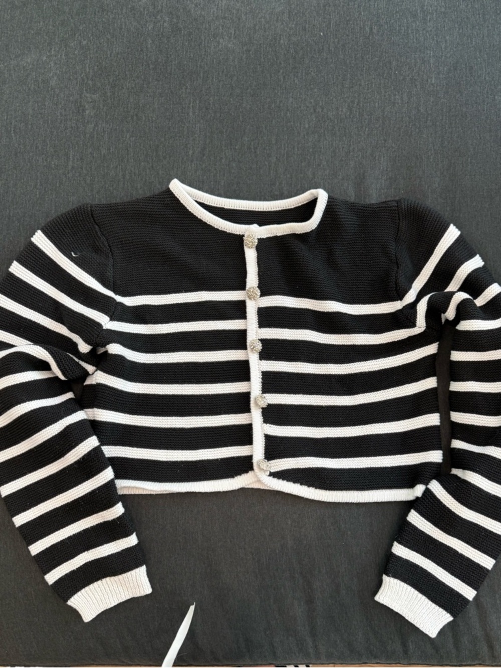 Commense Black and White Striped Cropped Cardigan
